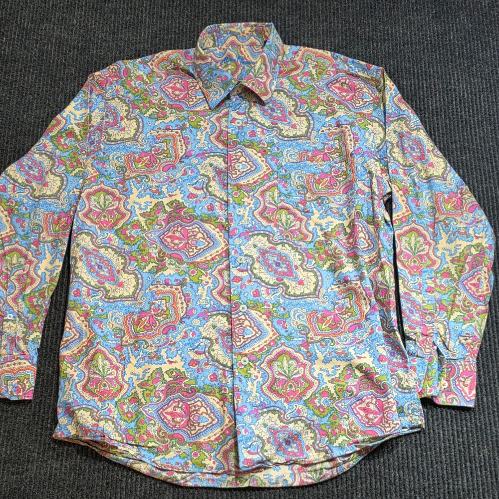 Alan Flusser Button Down Shirt Large Blue Paisley Excellent Long Sleeve Cotton - Picture 3 of 12